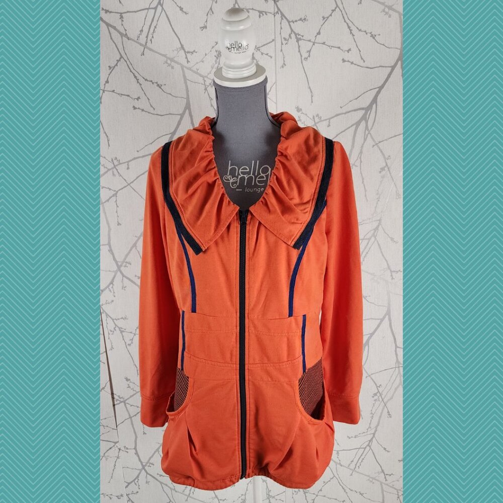 Due +2 Orange Cotton Blend Ruched Collar Zip Up Jacket